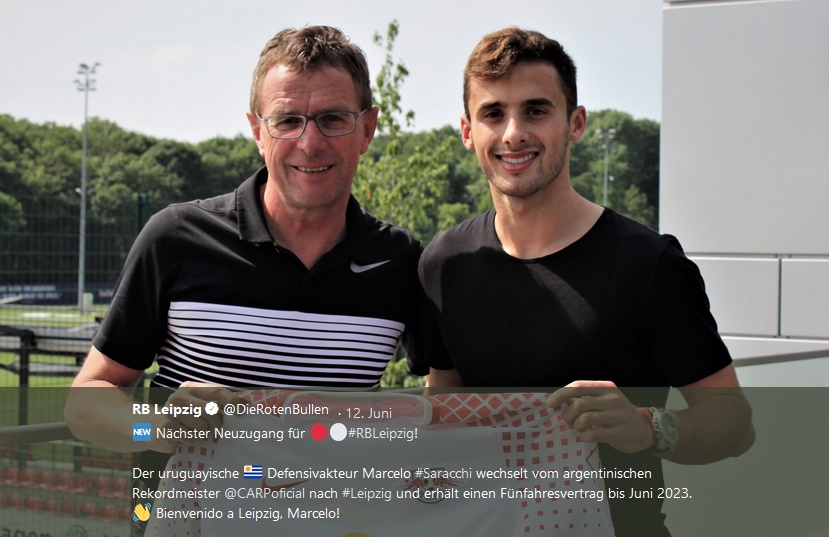 Ralf Rangnick freut sich, Marcelo Saracchi zu RB Leipzig geholt zu haben. | Foto: Screenshot Twitter-Account von RB Leipzig